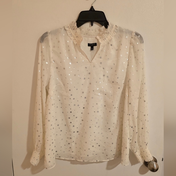TALBOTS Smocked Blouse Cheerful Dots Womens Size PL White  Ivory Silver Coquette - Picture 1 of 12
